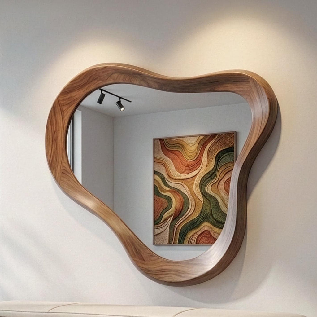 Asymmetrical Walnut Wood Mirror, Mid Century Modern Organic Bathroom Vanity Home Art