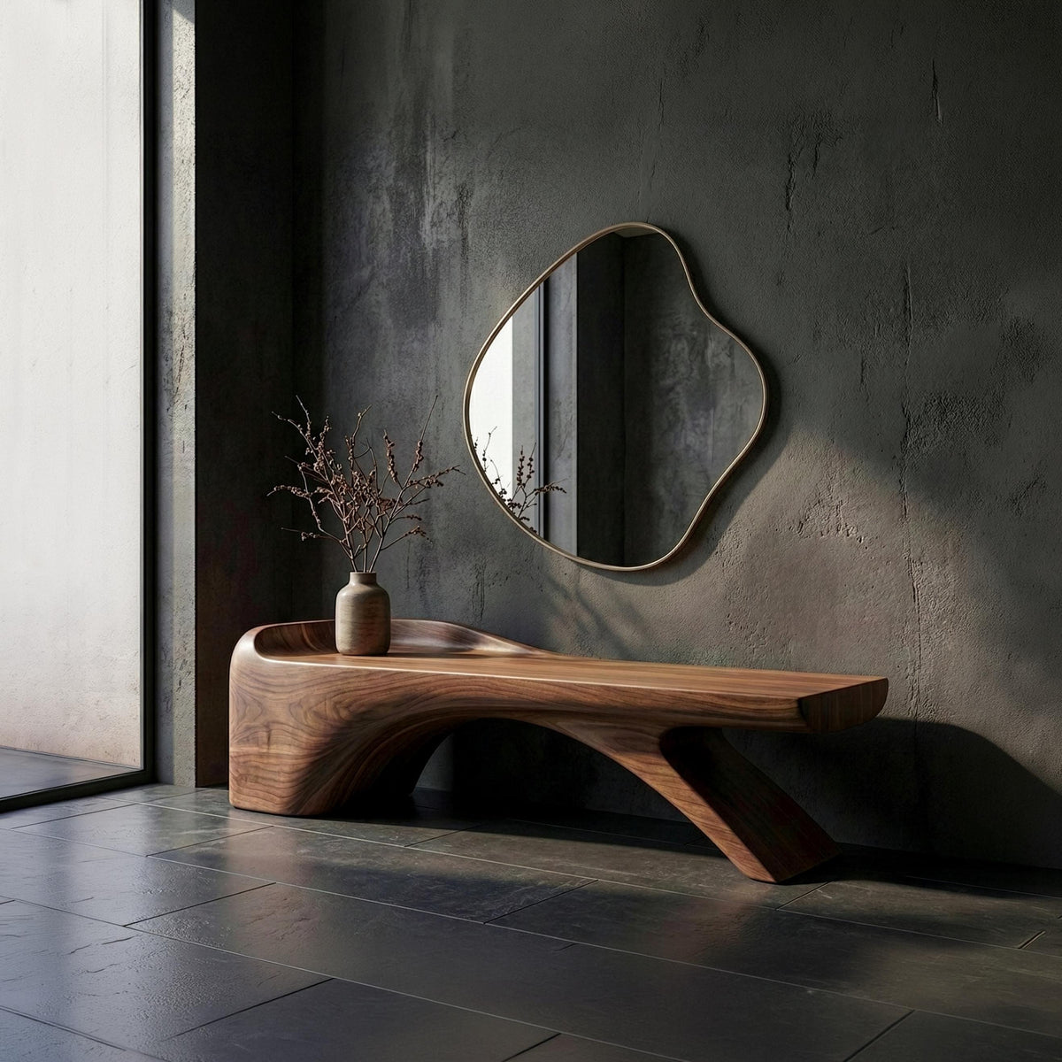 Handmade Artistic Solid Walnut Bench: Sculptural Mid-Century Modern Design