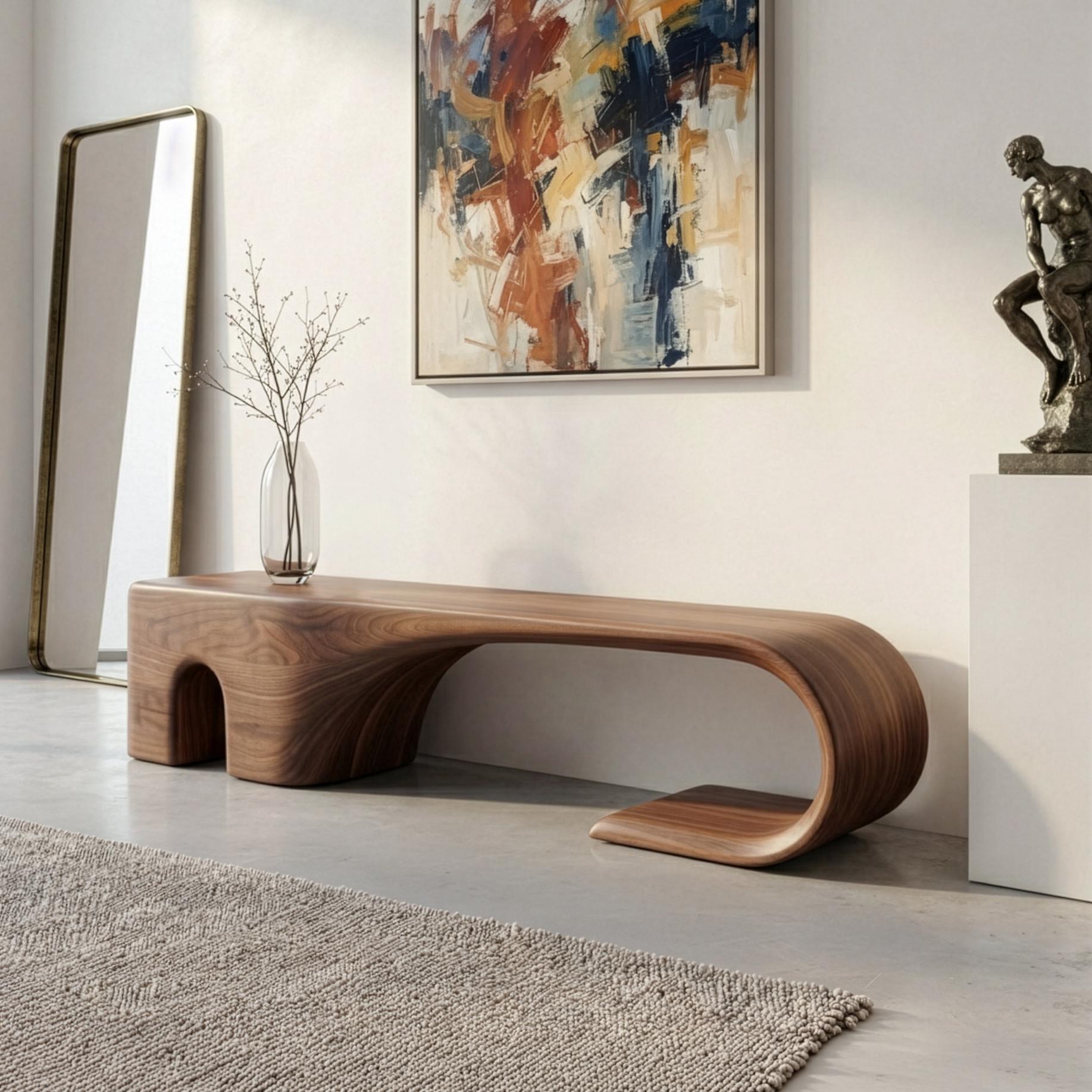 Handmade Walnut Bench – Mid-Century Modern Sculptural Entryway Bench Main image