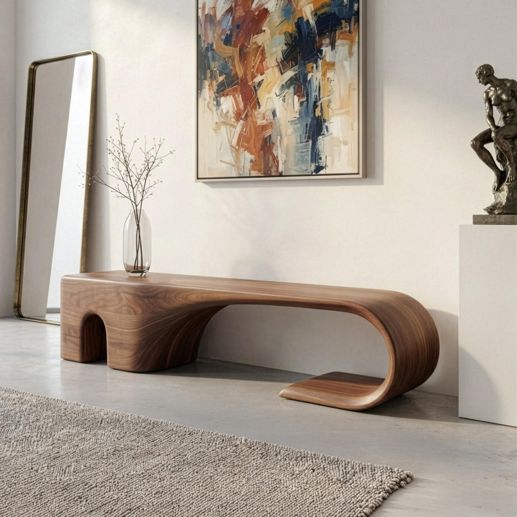 Handmade Walnut Bench – Mid-Century Modern Sculptural Entryway Bench