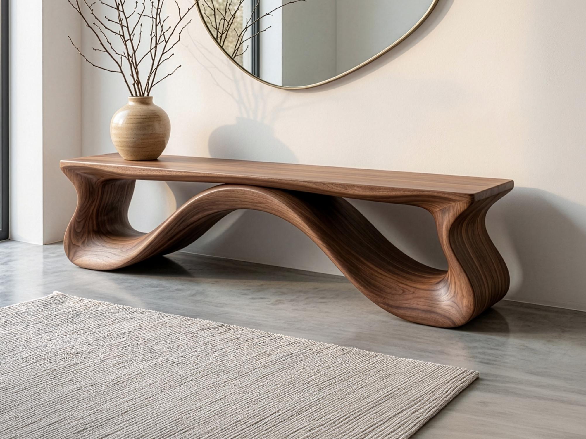 Handmade Solid Walnut Bench, Sculptural Mid-Century Modern Entryway Seating