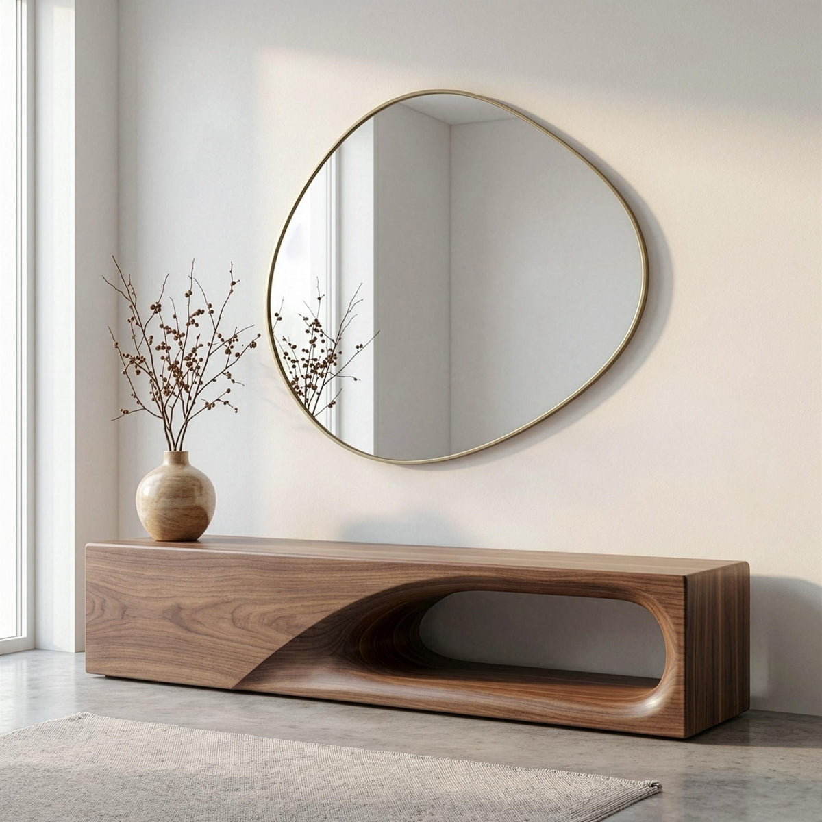 Mid-Century Modern Walnut Bench, Sculptural Solid Wood Furniture, Organic Living Room Accent