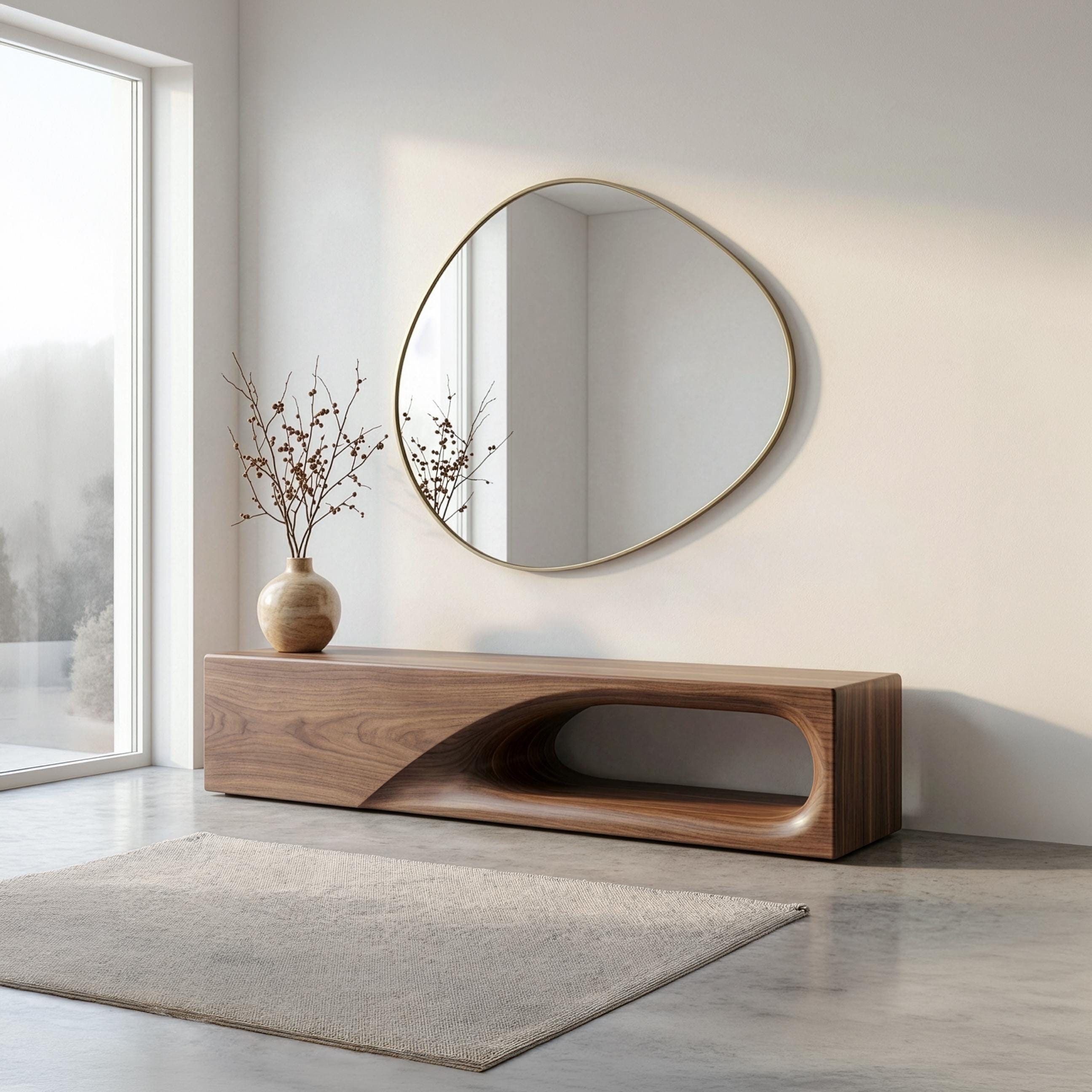 Mid-Century Modern Walnut Bench, Sculptural Solid Wood Furniture, Organic Living Room Accent