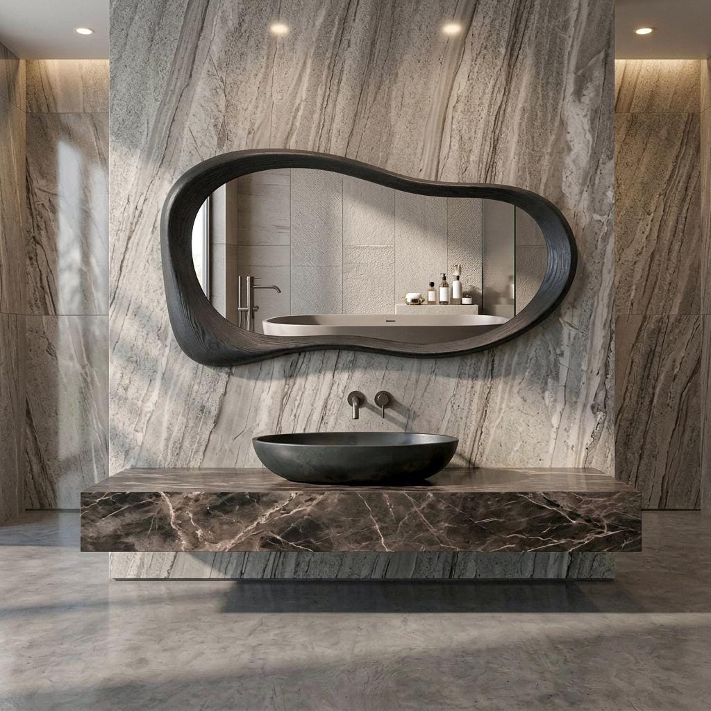 Black Oak Asymmetrical Mirror, Mid-Century Modern Organic Wooden Bathroom Mirror