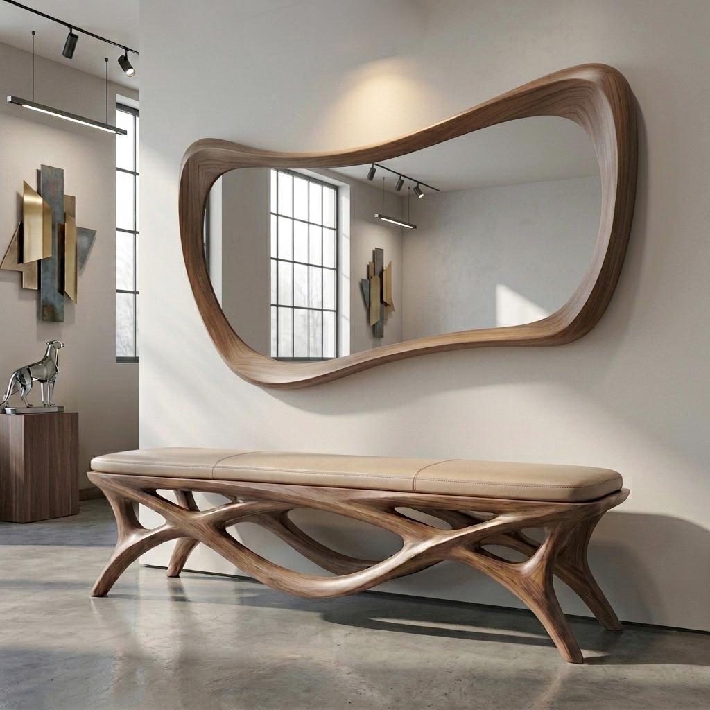 Asymmetrical Walnut Wood Mirror, Organic Modern Bathroom Wall Mirror, Mid-Century Design