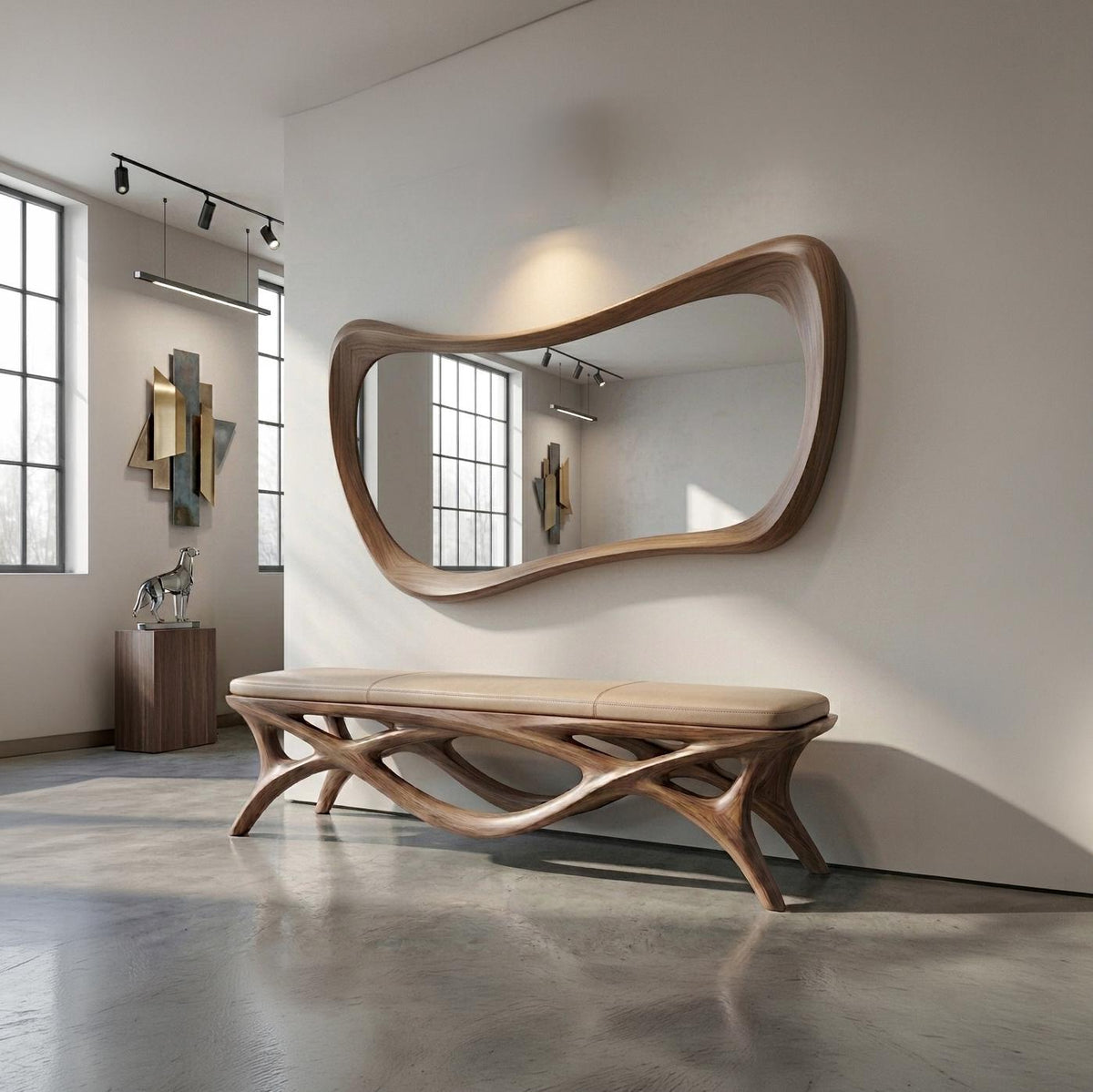 Asymmetrical Walnut Wood Mirror, Organic Modern Bathroom Wall Mirror, Mid-Century Design