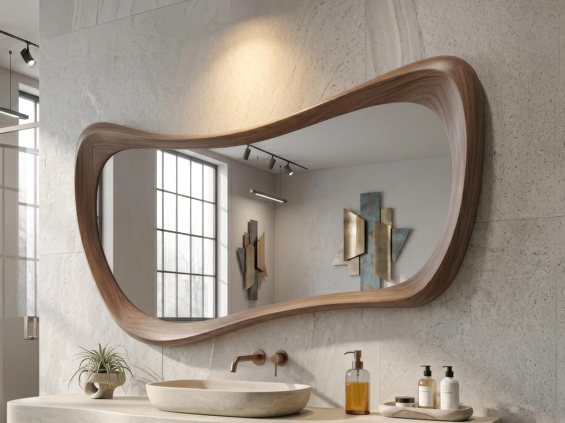 Asymmetrical Walnut Wood Mirror, Organic Modern Bathroom Wall Mirror, Mid-Century Design