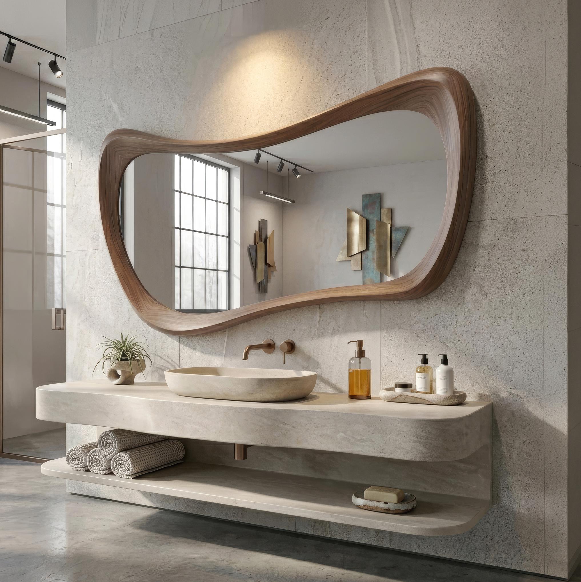 Asymmetrical Walnut Wood Mirror, Organic Modern Bathroom Wall Mirror, Mid-Century Design Main image
