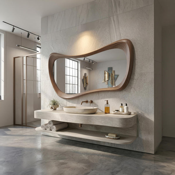 Asymmetrical Walnut Wood Mirror, Organic Modern Bathroom Wall Mirror, Mid-Century Design