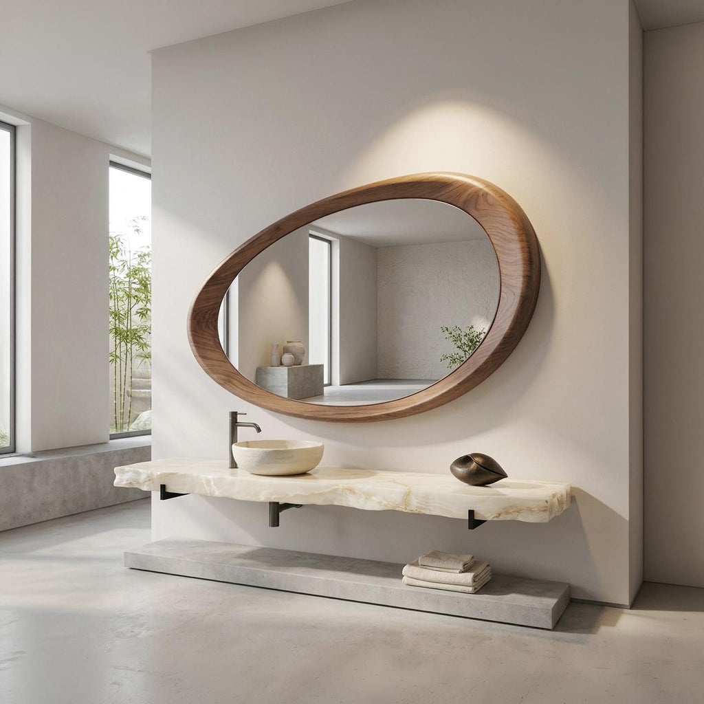 Solid Walnut Asymmetrical Mirror, Organic Wood Framed Bathroom Mirror