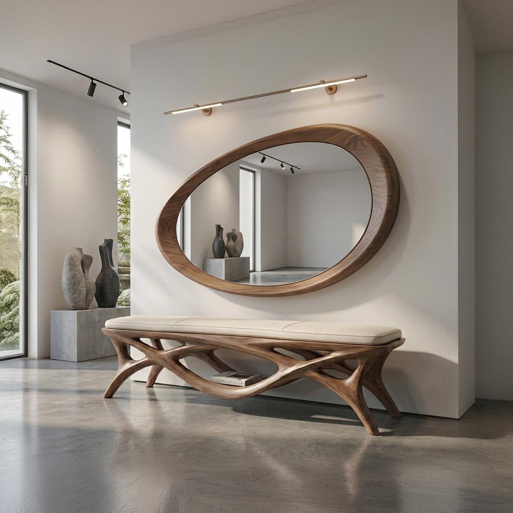 Solid Walnut Asymmetrical Mirror, Organic Wood Framed Bathroom Mirror