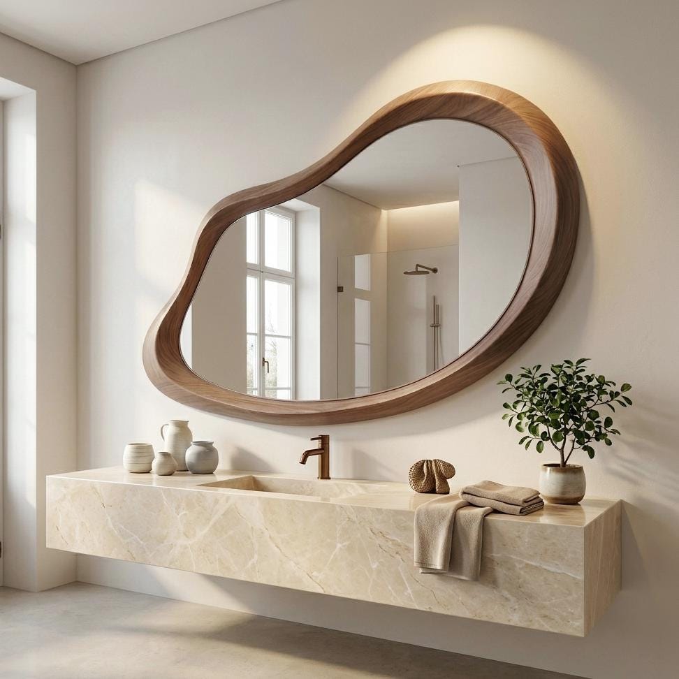 Asymmetrical Walnut Wood Mirror: Organic Modern Wall Decor, Entryway, Bathroom, Living Room