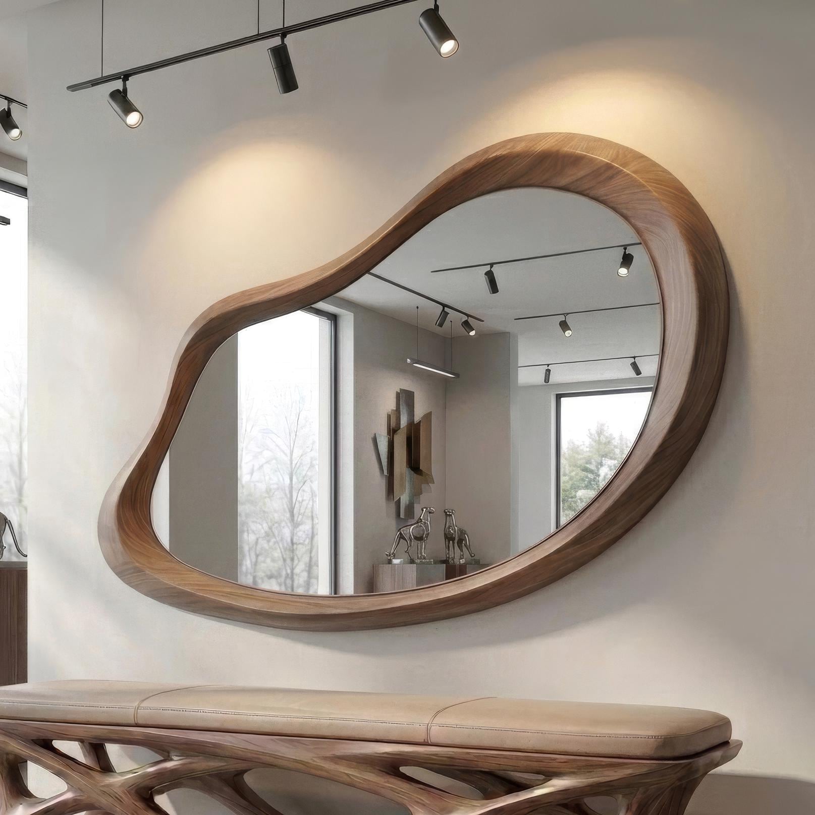 Asymmetrical Walnut Wood Mirror: Organic Modern Wall Decor, Entryway, Bathroom, Living Room Secondary image