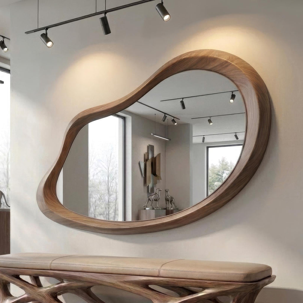 Asymmetrical Walnut Wood Mirror: Organic Modern Wall Decor, Entryway, Bathroom, Living Room