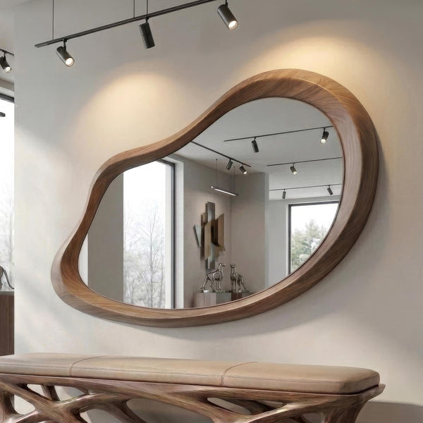Asymmetrical Walnut Wood Mirror: Organic Modern Wall Decor, Entryway, Bathroom, Living Room