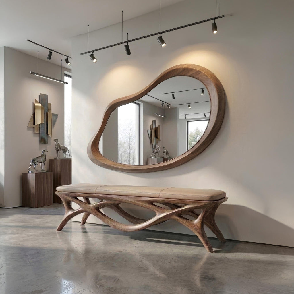 Asymmetrical Walnut Wood Mirror: Organic Modern Wall Decor, Entryway, Bathroom, Living Room