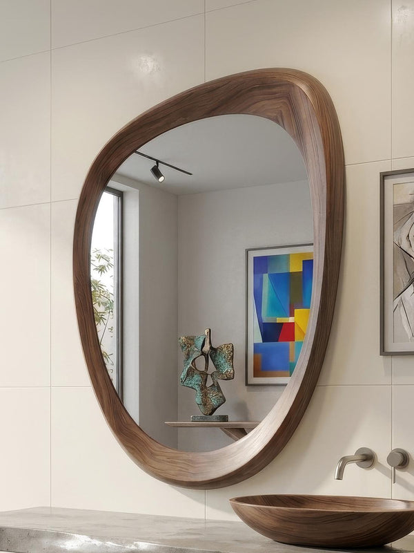 Solid Walnut Asymmetrical Mirror, Organic Mid Century Modern Bathroom Decor