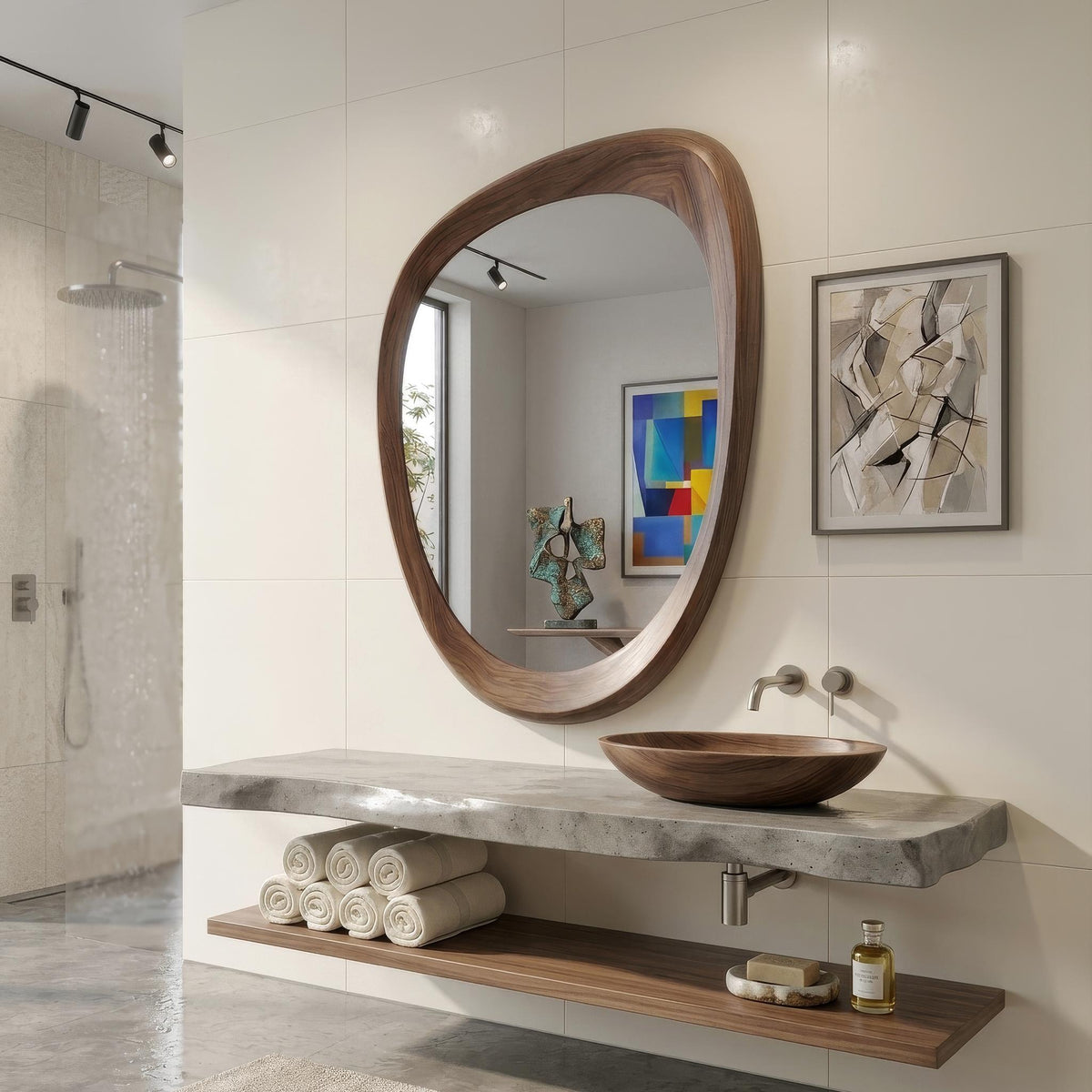 Solid Walnut Asymmetrical Mirror, Organic Mid Century Modern Bathroom Decor