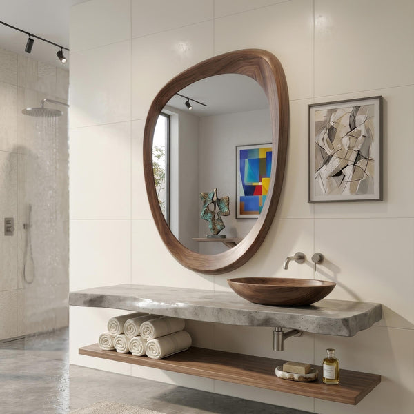 Solid Walnut Asymmetrical Mirror, Organic Mid Century Modern Bathroom Decor