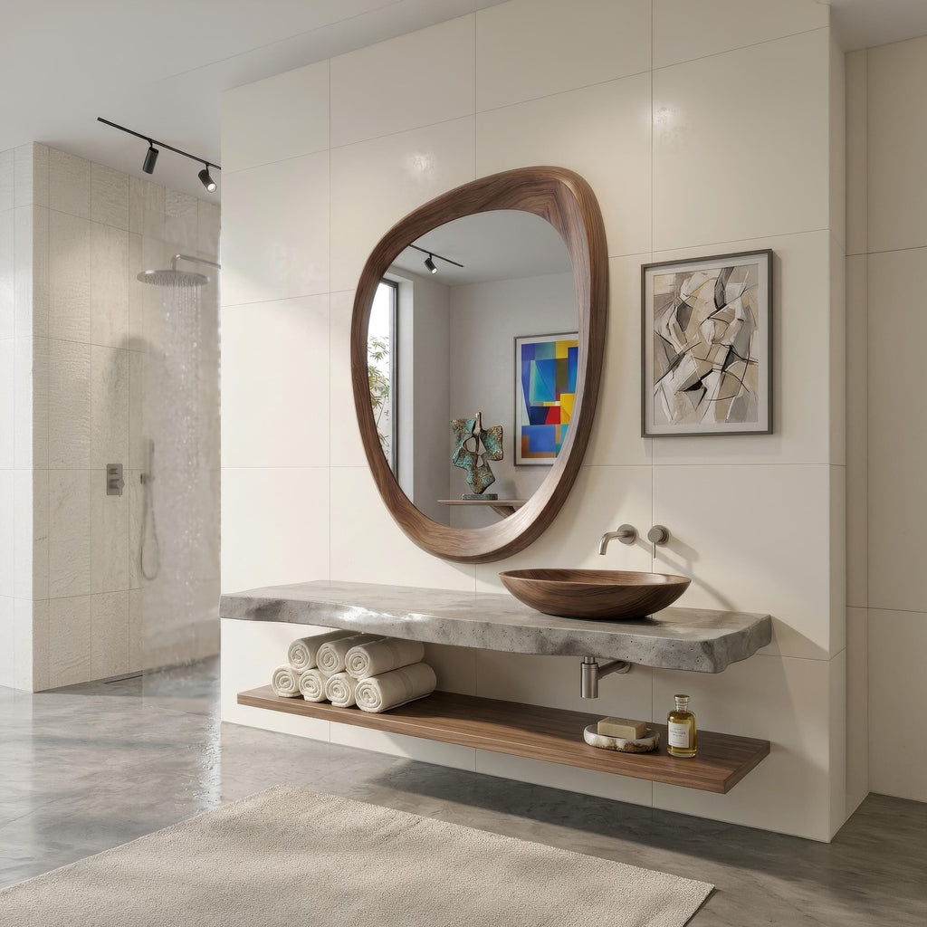 Solid Walnut Asymmetrical Mirror, Organic Mid Century Modern Bathroom Decor