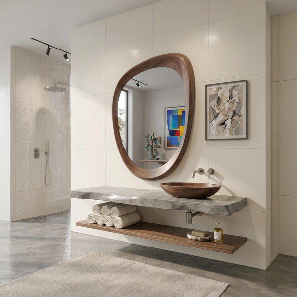 Solid Walnut Asymmetrical Mirror, Organic Mid Century Modern Bathroom Decor