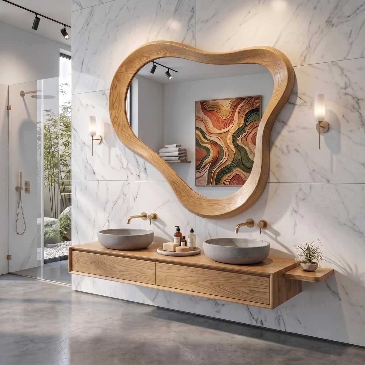 Asymmetrical Oak Wood Mirror, Organic Modern Bathroom Wall Mirror Main image