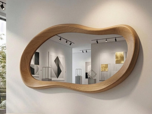 Asymmetrical Oak Mirror, Organic Wood Framed Entryway Wall Art
