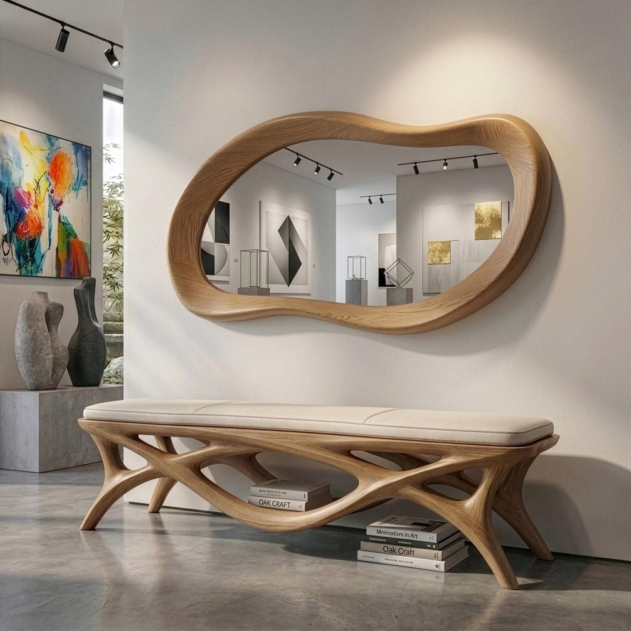 Asymmetrical Oak Mirror, Organic Wood Framed Entryway Wall Art