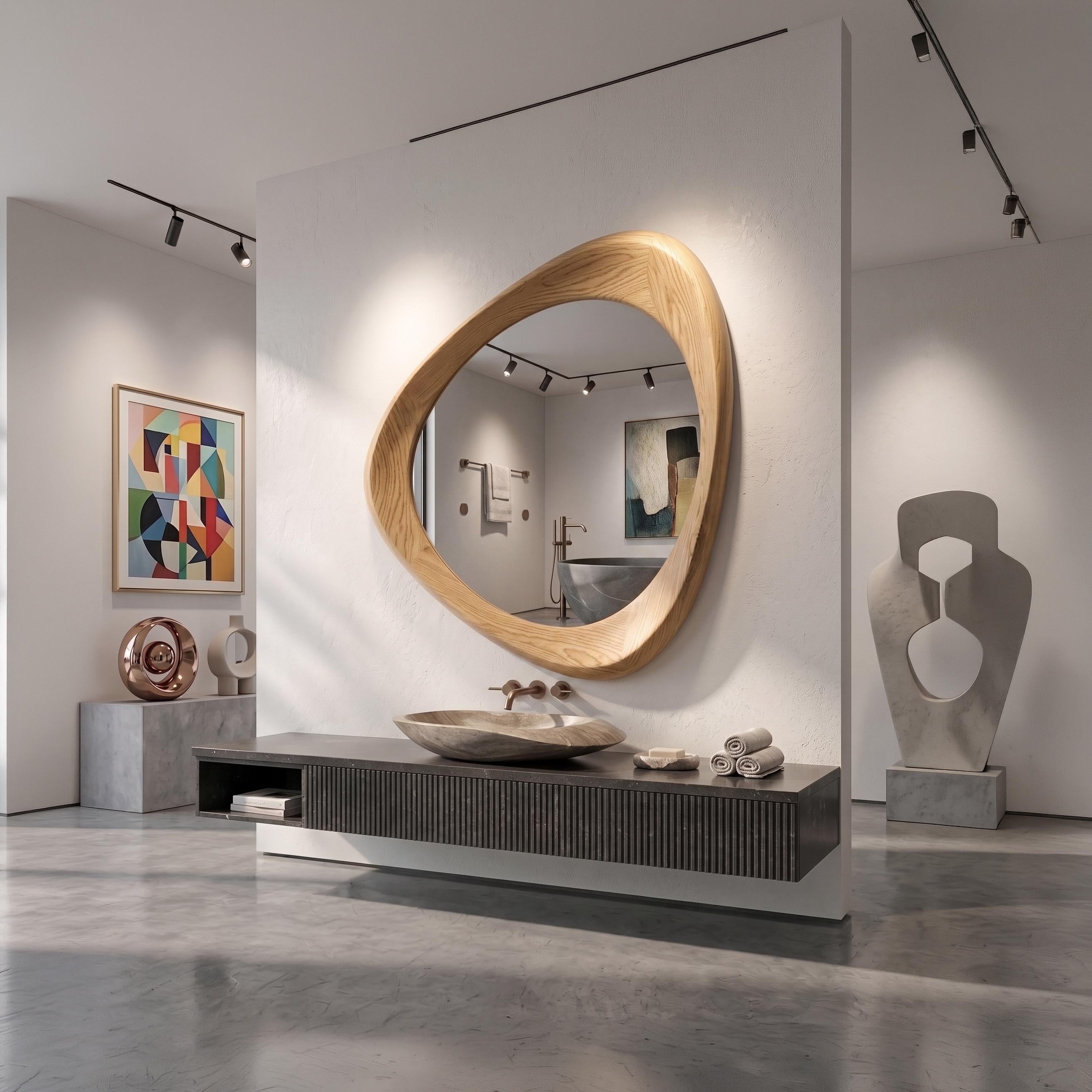 Asymmetrical Oak Wood Frame Mirror: Home and Wall Decor, Vanity, Bathroom,  Mirror