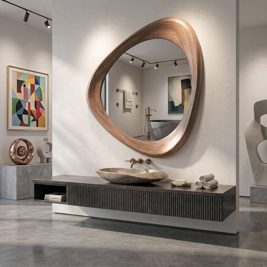 Mid-Century Modern Walnut Asymmetrical Mirror - Handmade Wooden Wall Decor