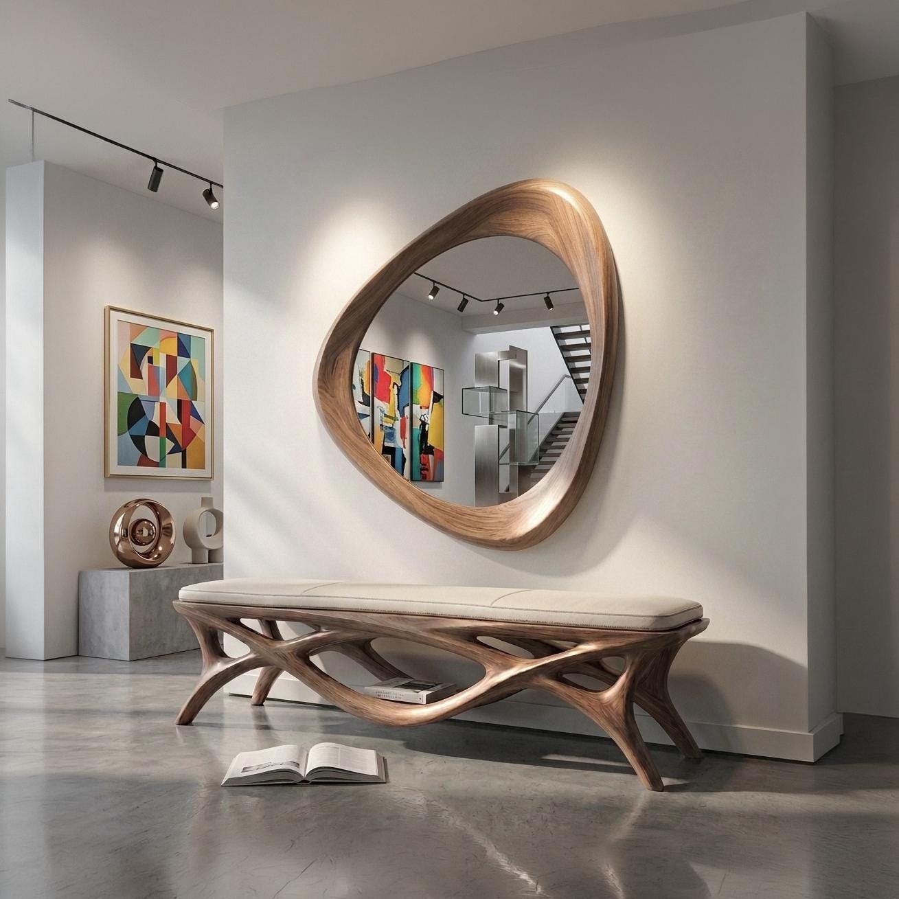 Mid-Century Modern Walnut Asymmetrical Mirror - Handmade Wooden Wall Decor