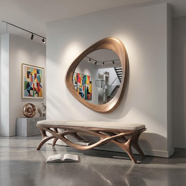 Mid-Century Modern Walnut Asymmetrical Mirror - Handmade Wooden Wall Decor