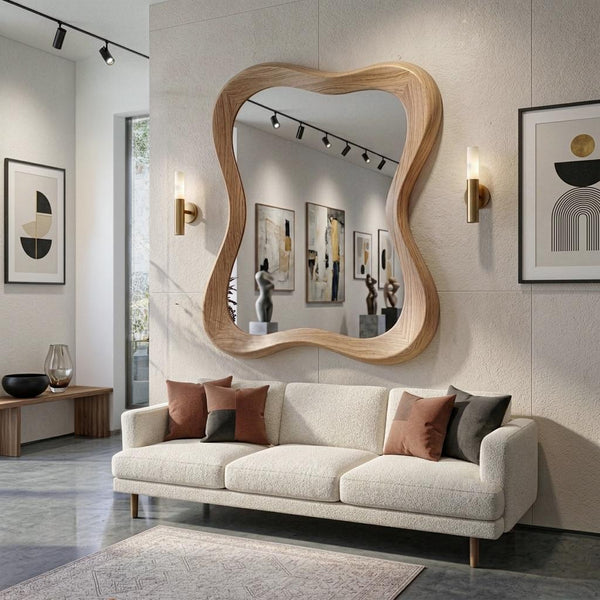 Solid Oak Asymmetrical Mirror, Organic Modern Wood Wall Art, Mid-Century Bathroom Mirror