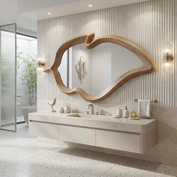 Asymmetrical Oak Wood Wall Mirror: Handmade Mid-Century Modern Decor