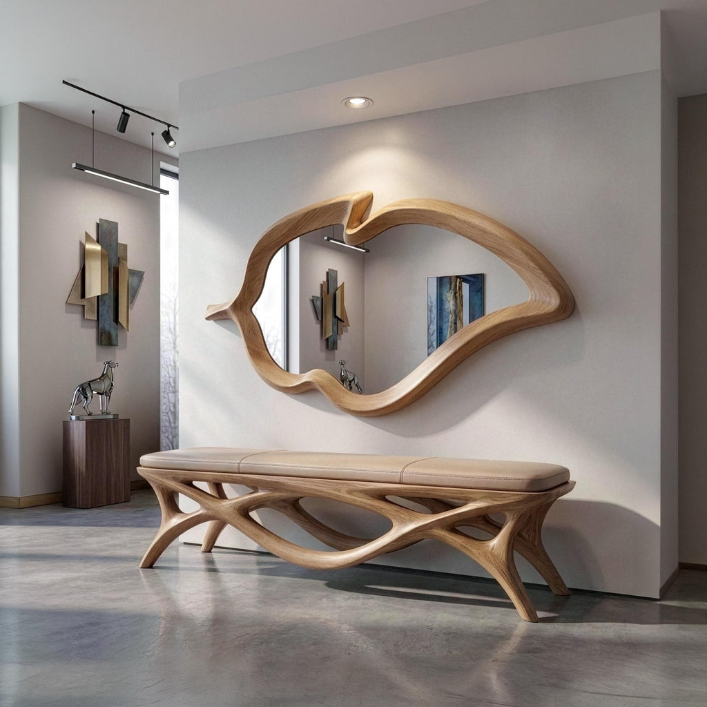 Asymmetrical Oak Wood Wall Mirror: Handmade Mid-Century Modern Decor