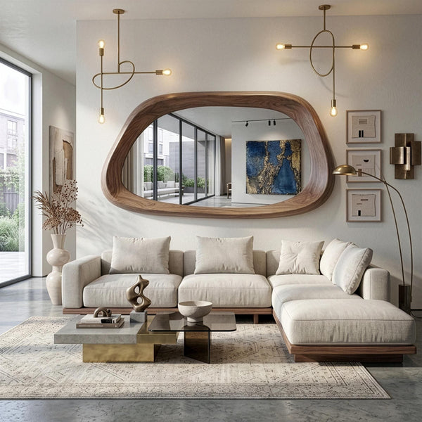 Asymmetrical Wooden Mirror, Mid Century MCM Irregular Mirror, Decorative Wall Decor for Bathroom