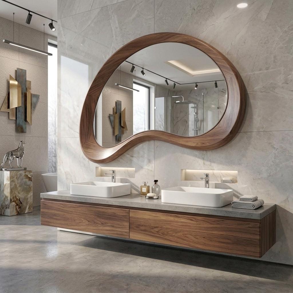 Solid Walnut Asymmetrical Mirror, Organic Mid Century Modern Bathroom Wood Mirror Main image