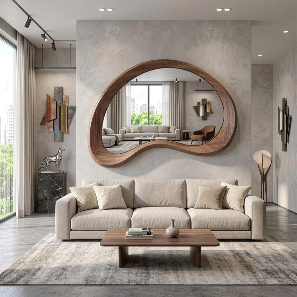 Solid Walnut Asymmetrical Mirror, Organic Mid Century Modern Bathroom Wood Mirror