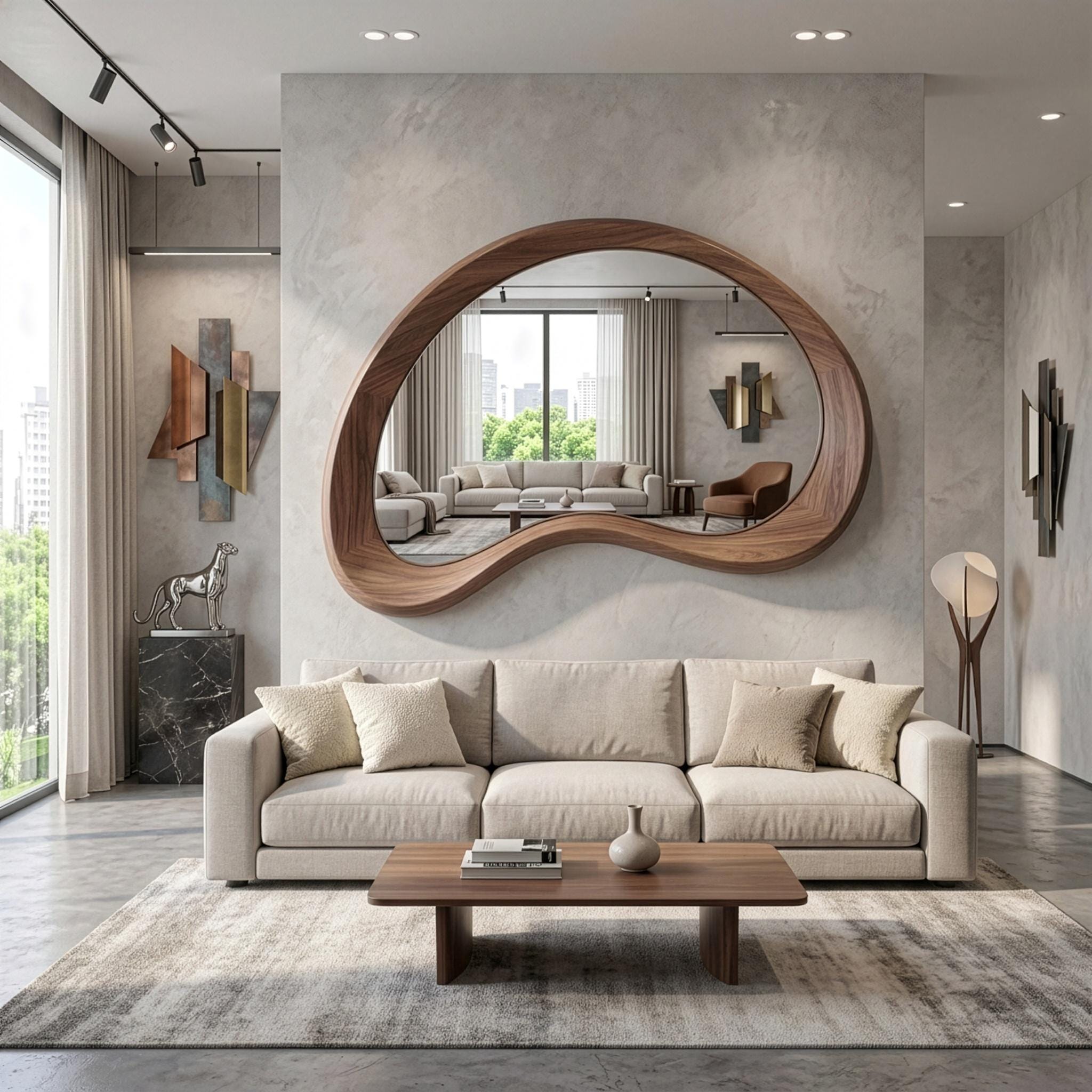 Solid Walnut Asymmetrical Mirror, Organic Mid Century Modern Bathroom Wood Mirror