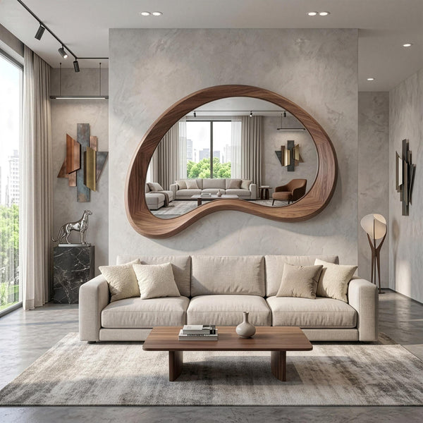Solid Walnut Asymmetrical Mirror, Organic Mid Century Modern Bathroom Wood Mirror