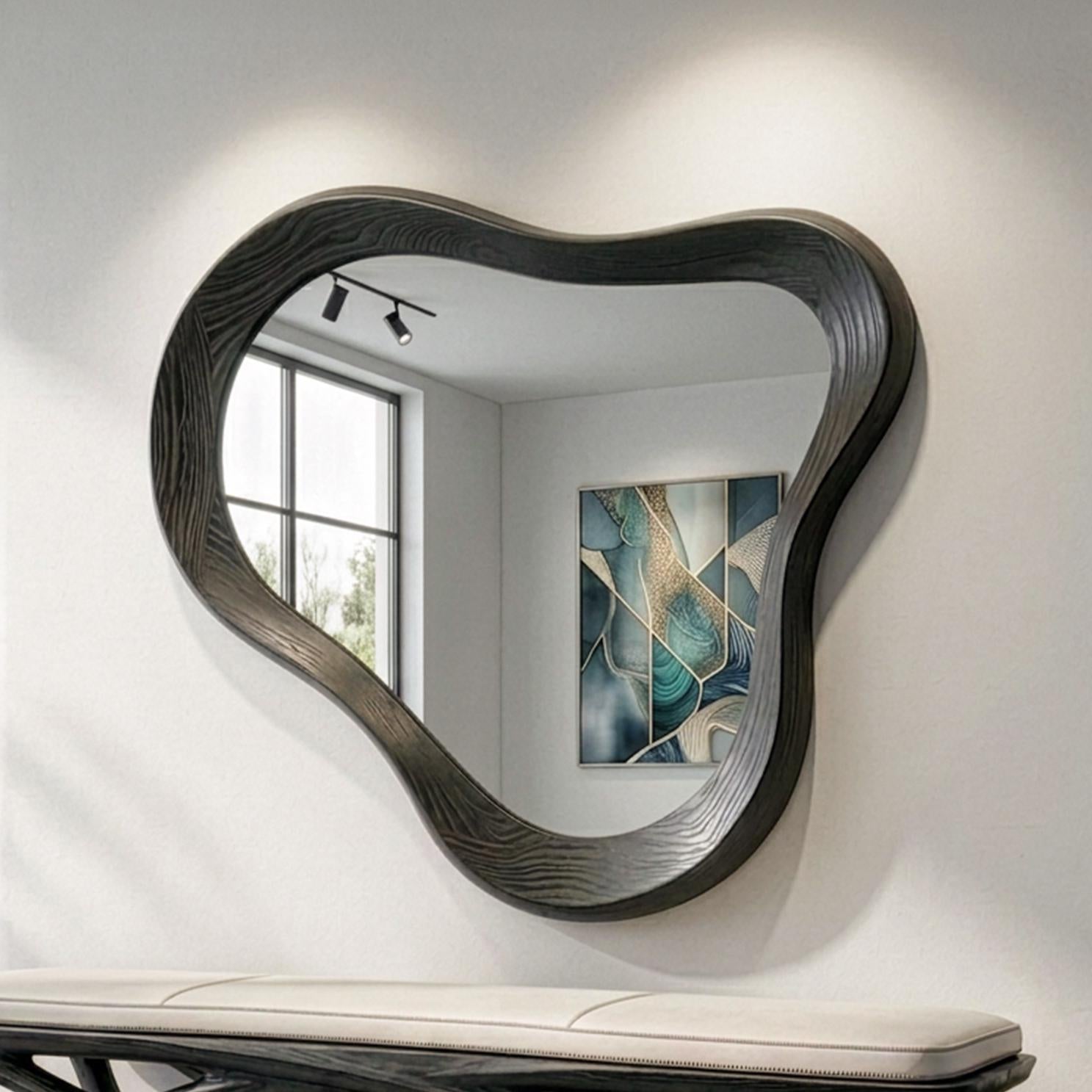 Black Oak Asymmetrical Mirror, Organic Wood Framed Wall Art, Modern Entryway Decor Secondary image