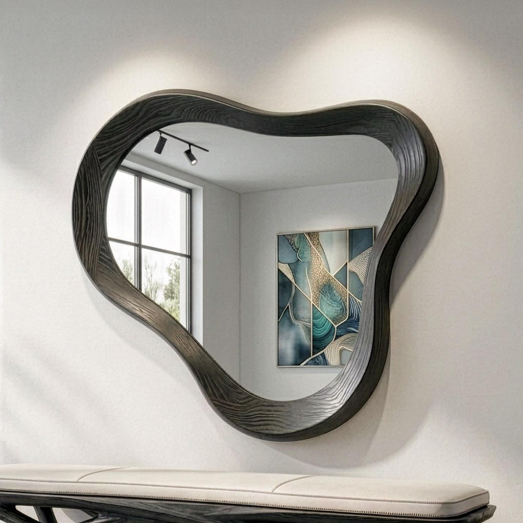 Black Oak Asymmetrical Mirror, Organic Wood Framed Wall Art, Modern Entryway Decor