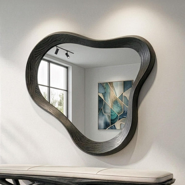 Black Oak Asymmetrical Mirror, Organic Wood Framed Wall Art, Modern Entryway Decor