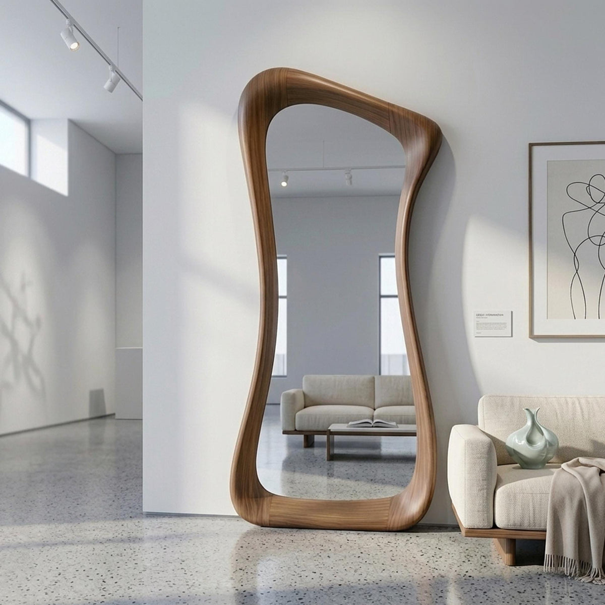 Asymmetrical Walnut Full Length Mirror: Mid-Century Modern Rustic Decor
