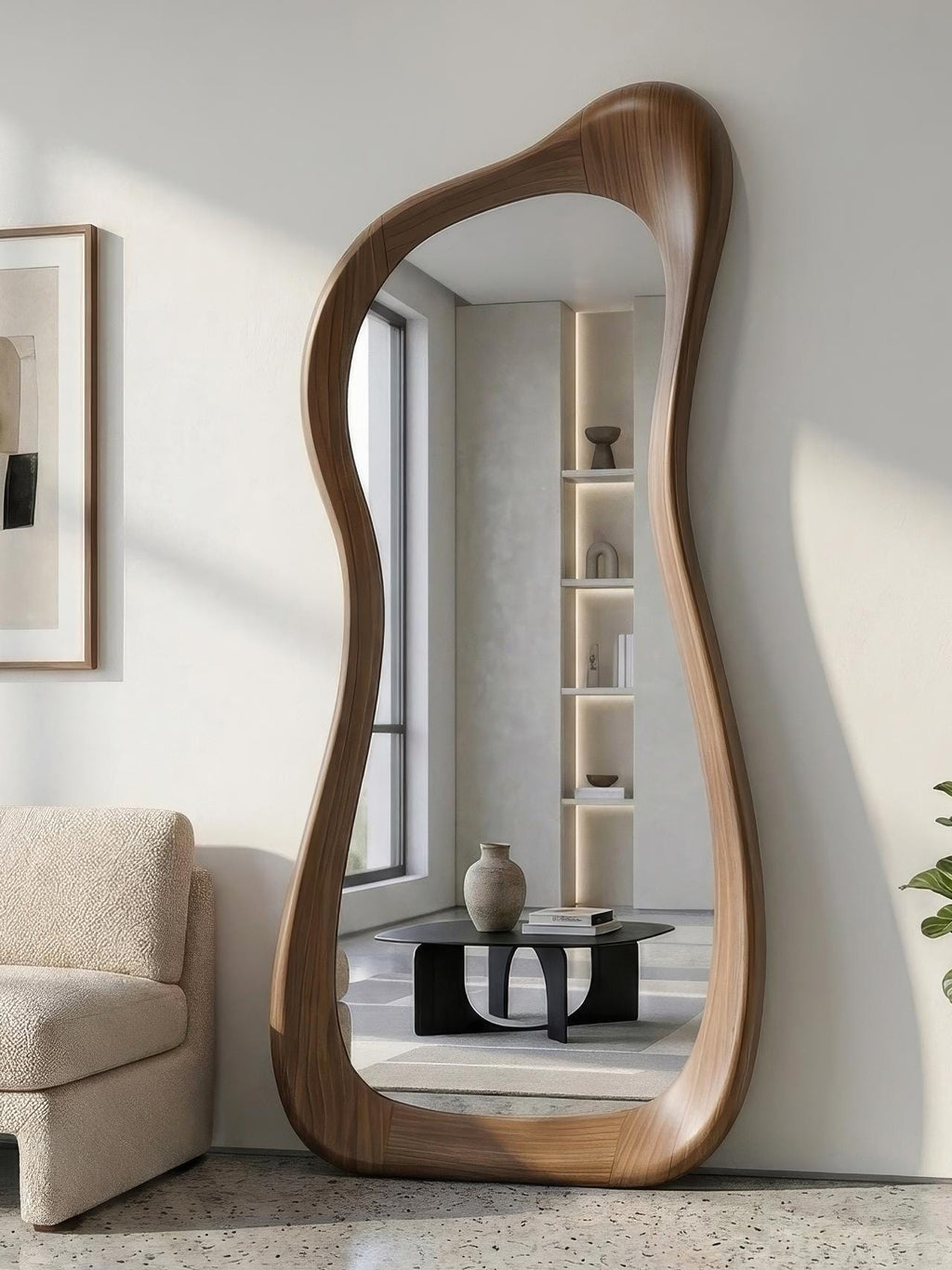 Asymmetrical Walnut Wood Full Length Mirror - Mid Century Modern Decor