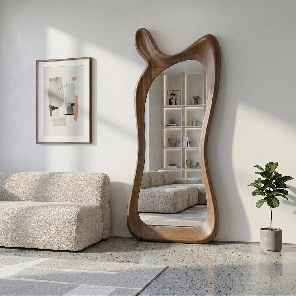 Asymmetrical Walnut Full Length Mirror: Mid-Century Modern Standing Mirror