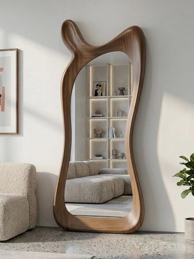 Asymmetrical Walnut Full Length Mirror: Mid-Century Modern Standing Mirror