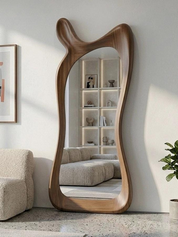 Asymmetrical Walnut Full Length Mirror: Mid-Century Modern Standing Mirror
