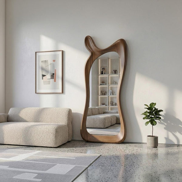 Asymmetrical Walnut Full Length Mirror: Mid-Century Modern Standing Mirror