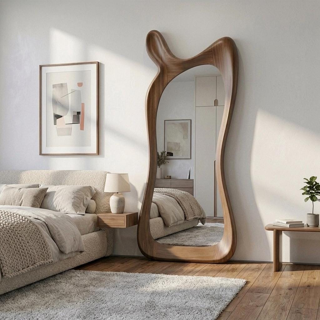 Asymmetrical Walnut Full Length Mirror: Mid-Century Modern Standing Mirror
